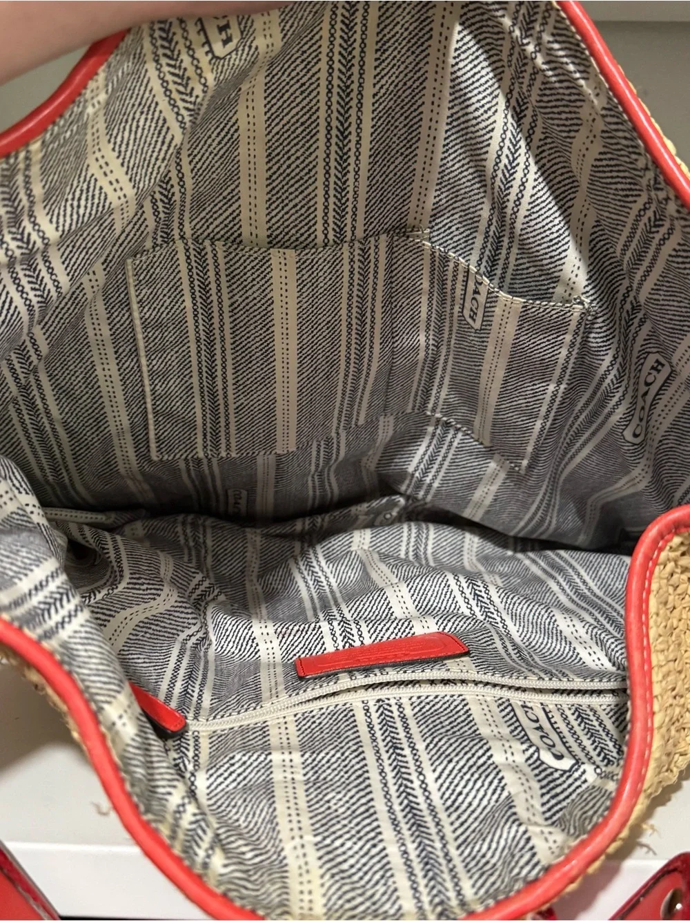 Coach Straw Hobo Bag with Coral Trim